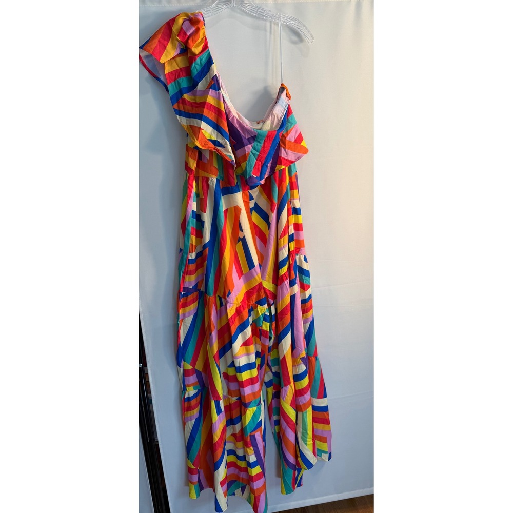 SHEIN Curve Womens 2XL Rainbow Stripe One Shoulder Ruffle Wide Leg Jumpsuit - Picture 2 of 7